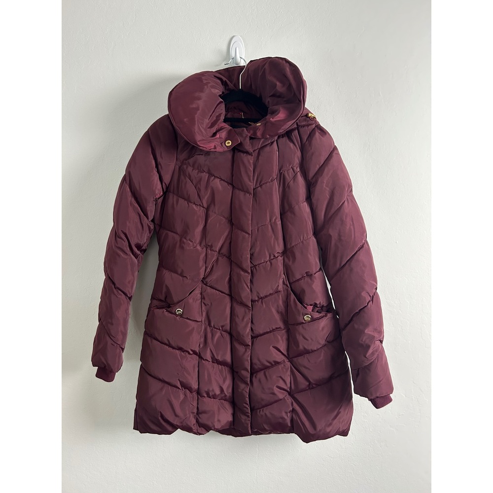 Steve Madden Burgundy Chevron Puffer Jacket Hooded Wine Winter Coat Small